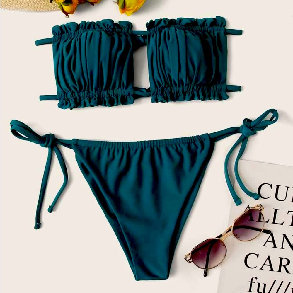 SHEIN ruched bandeau side tie bikini set